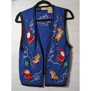 Vtg BOBBIE BROOKS Christmas Sweater Vest M Blue Santa Reindeer Embroider Beaded